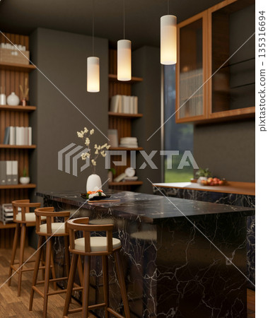 Sushi on plate aside flower vase on black marble counter with stool chair in kitchen or dining room. 135316694