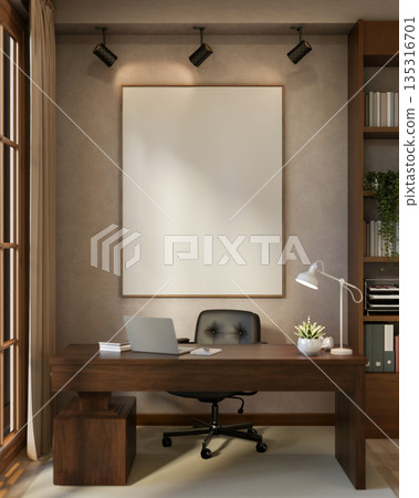 Laptop on wooden table and swivel chair in front of a blank photo frame on wall in boss office cabin Laptop on wooden table and swivel chair in front of a blank photo frame on wall in boss office cabin 135316701
