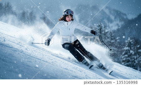 一名女子正在雪地上滑雪 135316998