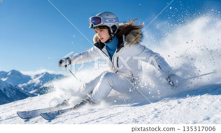 一名女子正在雪地上滑雪 135317006