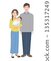 一對年輕夫婦抱著嬰兒的全身插圖 135317249