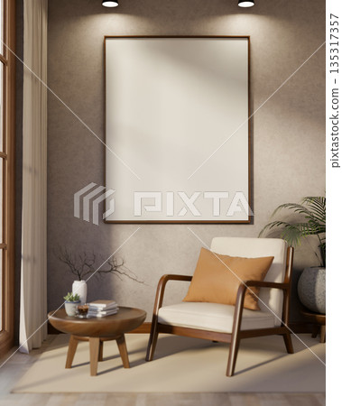 A wooden armchair with pillow and blanket with side table at room corner near loft wall and window 135317357