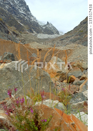 Chalaadi Glacier, ice, moraine and snow in the Caucasus Mountains in autumn, Mestia, Svaneti, Georgia. 135317438