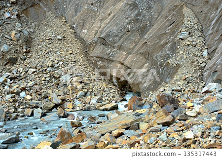 Chalaadi Glacier, ice, moraine and snow in the Caucasus Mountains in autumn, Mestia, Svaneti, Georgia. 135317443