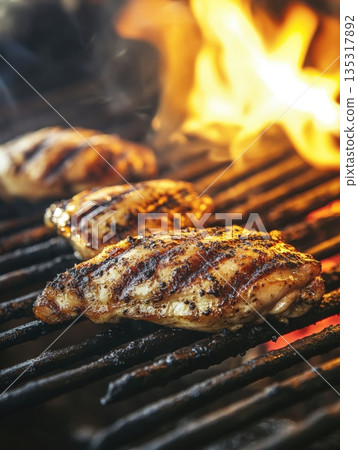 Juicy Chicken Breast Fillets Sizzling on a Hot Metal Grill with Flames and Smoke, Outdoor Cooking and Barbecue. 135317892