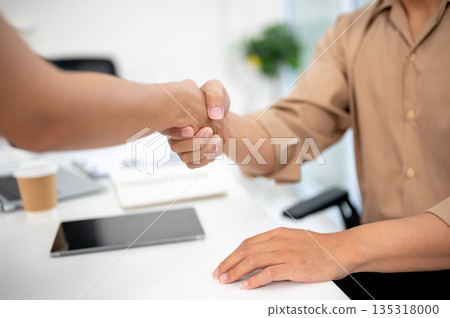 Close up of businessman or office worker's hand shaking with a customer or investor at working table. 135318000