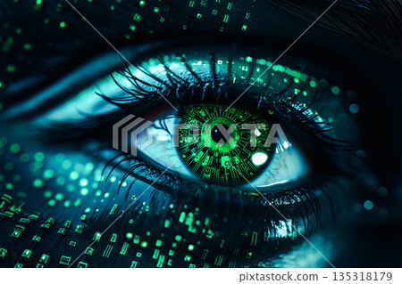 matrix robotic eyes 3d, selective focus, generative AI. 135318179