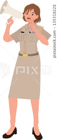 government officer making public announcement with megaphone female civil servant illustration 135318228