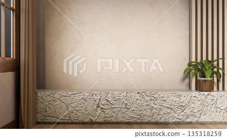 Plant in basket pot on marble seat wall base and wooden floor corridor in a modern house or building. 135318259