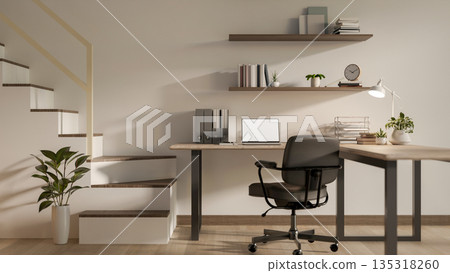 Working table and swivel chair beside staircase and white wall on wooden floor of a modern house. Working table and swivel chair beside staircase and white wall on wooden floor of a modern house. 135318260