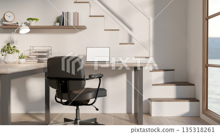 Working table and swivel chair beside stairway and white wall on wooden floor of a modern house. Working table and swivel chair beside stairway and white wall on wooden floor of a modern house. 135318261