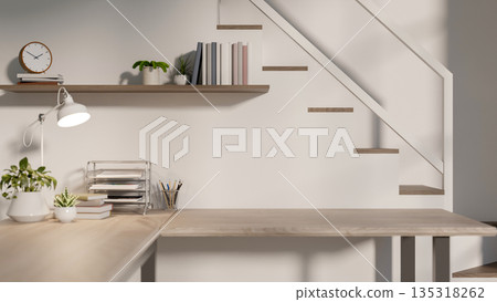 Wooden working table and hanging shelf beside staircase and white wall of a modern house or office. Wooden working table and hanging shelf beside staircase and white wall of a modern house or office. 135318262
