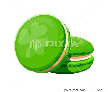 Happy St Patrick day green macaron with cream filling and shamrock symbol. Cartoon vector Irish celebratory gourmet treat, sweet French dessert for celebrations, representing heritage and indulgence Happy St Patrick day green macaron with cream filling and shamrock symbol. Cartoon vector Irish celebratory gourmet treat, sweet French dessert for celebrations, representing heritage and indulgence 135318299