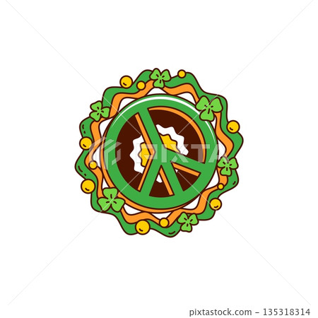 Cartoon groovy hippie Saint Patrick's day peace symbol surrounded by green clover shamrock wreath. Vector retro Irish holiday sign inspired by 60s and 70s, y2k nostalgic floral decorative peace badge Cartoon groovy hippie Saint Patrick's day peace symbol surrounded by green clover shamrock wreath. Vector retro Irish holiday sign inspired by 60s and 70s, y2k nostalgic floral decorative peace badge 135318314