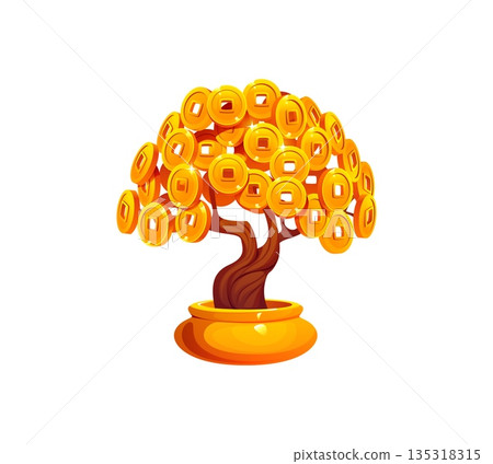 Chinese Lunar New Year holiday icon of money tree with golden coins, cartoon vector game asset. Chinese New Year traditional wealth and Feng Shui good fortune symbol of bonsai tree with gold coins Chinese Lunar New Year holiday icon of money tree with golden coins, cartoon vector game asset. Chinese New Year traditional wealth and Feng Shui good fortune symbol of bonsai tree with gold coins 135318315