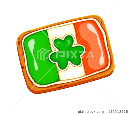 St Patrick Day sweet dessert of biscuit cookie with Irish flag caramel, cartoon vector. Happy Saint Patrick Day or Ireland holiday cookie biscuit with shamrock clover for pastry and bakery sweets 135318316