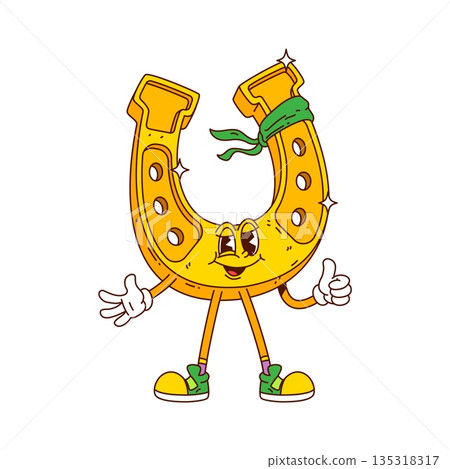 Cartoon groovy horseshoe Saint Patrick's day character. Funky vector horseshoe with smile, green sneakers, bandana, and thumbs up gesture. Retro mascot for holiday graphics, vintage emojis, or casino 135318317