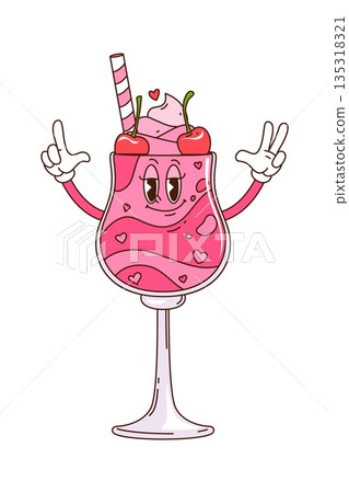 Cartoon groovy hippie cocktail glass Valentine drink character in love. Vector festive retro party bar menu cocktail personage with cherry, pink cream swirl and heart. Cute beverage exudes funky vibe 135318321