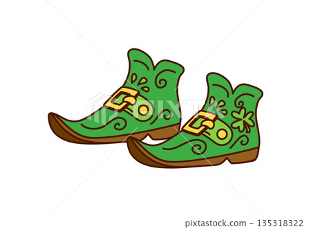 Cartoon groovy leprechaun boots, Saint Patrick's day item. Isolated vector green, buckled shoes, pointed at the toes, with shamrock symbols. Irish folklore dwarven footwear, holiday retro accessory 135318322