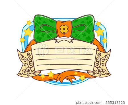 St Patricks day Irish celebration kids memo note. Ireland celebration kids scrapbook memo note, child diary vector sticker. Saint Patrick holiday frame with green bow tie, stars and parchment paper 135318323
