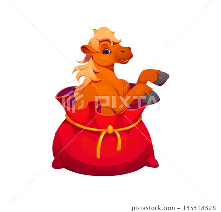 Chinese New Year funny cartoon horse in gift bag for CNY holiday, vector character. Chinese New Year cheerful horse horoscope animal in traditional Asian red presents bag for holiday greeting Chinese New Year funny cartoon horse in gift bag for CNY holiday, vector character. Chinese New Year cheerful horse horoscope animal in traditional Asian red presents bag for holiday greeting 135318328