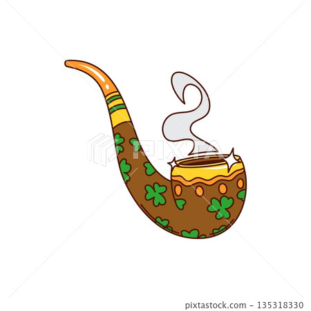 Cartoon groovy leprechaun smoking pipe with smoke. Retro Saint Patrick's day holiday object. Isolated vector vintage tool for smoking tobacco, carved from wood, adorned with clover or shamrock leaves 135318330