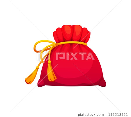Chinese Lunar New Year happy bags, lucky money pouch symbolizing immense good fortune, wealth, and prosperity. Vibrant red vector pouch with golden drawstring, and gold coins for Lunar New Year design 135318331