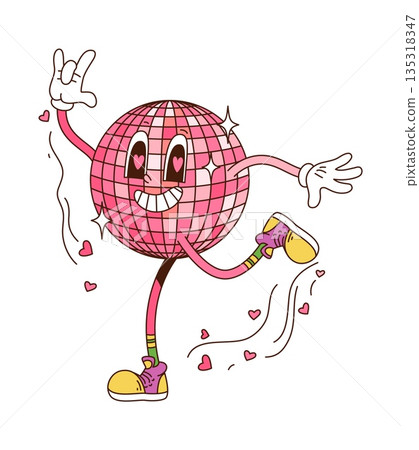 Cartoon groovy hippie Valentine disco ball character with hearts, exuding love vibe. Isolated vector funky personage with trendy hippie sneakers and cheerful expression enjoying retro dance party 135318347