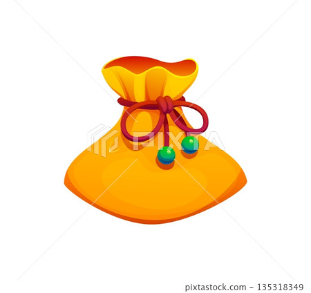 Chinese Lunar New Year happy bag. Bright yellow lucky money pouch tied with a brown cord with green beads. Symbol of good fortune, wealth, and prosperity for festive greetings, or traditional gifts 135318349
