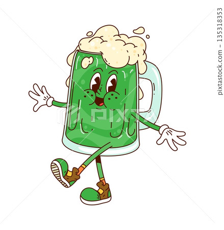 Cartoon groovy Saint Patrick's day green beer or ale mug character, retro holiday personage. Vector glass cup filled with traditional, foamy Irish drink, cheerful funky beverage ready for celebration Cartoon groovy Saint Patrick's day green beer or ale mug character, retro holiday personage. Vector glass cup filled with traditional, foamy Irish drink, cheerful funky beverage ready for celebration 135318353