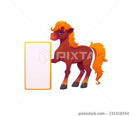 Chinese lunar New Year horse funny cartoon character, vector CNY holiday symbol. Chinese New Year cheerful horse with wish letter or greeting card frame for Asian traditional lunar zodiac animal 135318354