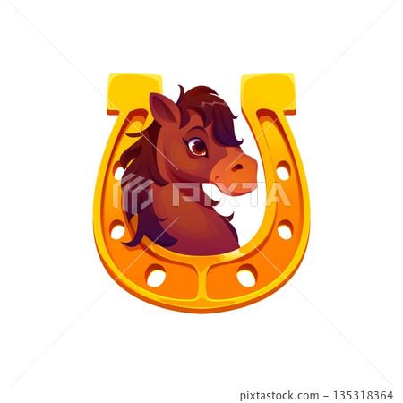 Chinese New Year funny horse and horseshoe for CNY holiday, cartoon vector character. Chinese New Year cheerful horse foal head in golden horseshoe, traditional Asian horoscope animal for greeting 135318364