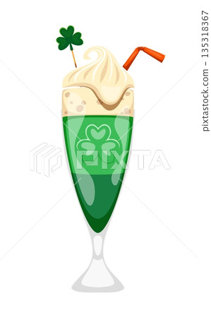 Happy St Patrick day holiday festive green cocktail or milkshake in a tall glass, topped with whipped cream, shamrock and orange straw. Cartoon vector celebratory beverage drink embodies Irish spirit 135318367