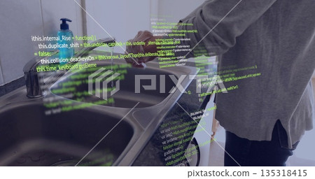 Woman in grey sweater scrubbing dishes at kitchen sink, with overlaid programming code, copy space Woman in grey sweater scrubbing dishes at kitchen sink, with overlaid programming code, copy space 135318415