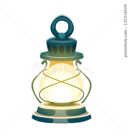Cartoon vintage lantern glowing with soft yellow light. Vector Happy St Patrick day symbol of Irish holiday celebration. Traditional old fashioned oil camping lamp for outdoor or festive decoration Cartoon vintage lantern glowing with soft yellow light. Vector Happy St Patrick day symbol of Irish holiday celebration. Traditional old fashioned oil camping lamp for outdoor or festive decoration 135318429