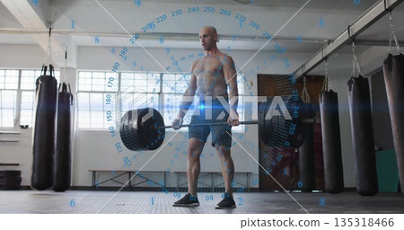 Lifting athlete performing deadlift in gym weight room, with barbell and digital overlay Lifting athlete performing deadlift in gym weight room, with barbell and digital overlay 135318466