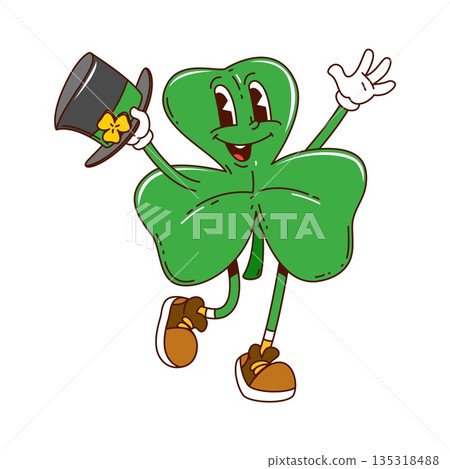 Cartoon groovy shamrock Saint Patrick's day character. Vector retro trefoil or clover holiday personage waving leprechaun top hat and hand with friendly smile and spreading luck for Irish Patrick day 135318488