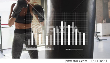 Practicing woman punching bag in gym studio, wearing sportswear with chart overlay, copy space Practicing woman punching bag in gym studio, wearing sportswear with chart overlay, copy space 135318551