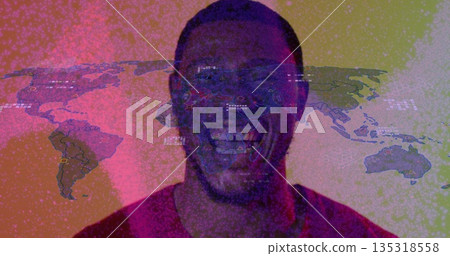 Laughing mid adult man wearing red T-shirt in studio, with world map overlay and interface icons Laughing mid adult man wearing red T-shirt in studio, with world map overlay and interface icons 135318558