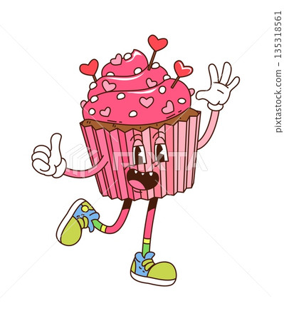 Cartoon groovy Valentine day cupcake hippie character with pink swirled icing and heart shaped sprinkles, evoking retro vibe. Vector cute muffin personage celebrates love, affection, joy and sweetness 135318561