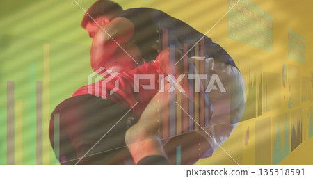 Grappling two male athletes performing tackle in gradient backdrop with translucent data visuals 135318591