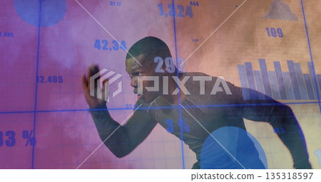 Capturing male athlete sprinting in studio wearing sportswear, with floating data charts and graphs Capturing male athlete sprinting in studio wearing sportswear, with floating data charts and graphs 135318597