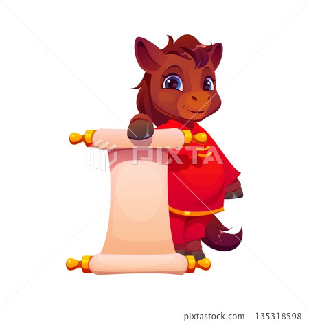 Cartoon Chinese lunar New Year horse foal funny character, vector CNY holiday symbol. Chinese New Year horse foal in traditional Asian Hanfu costume with happy face and parchment scroll for greeting Cartoon Chinese lunar New Year horse foal funny character, vector CNY holiday symbol. Chinese New Year horse foal in traditional Asian Hanfu costume with happy face and parchment scroll for greeting 135318598