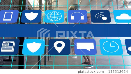 Team in athletic clothing lifting barbells and swinging kettlebells on gym rig with app icon grid Team in athletic clothing lifting barbells and swinging kettlebells on gym rig with app icon grid 135318624