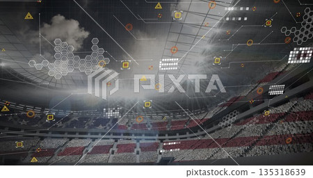 Showing stadium featuring digital grid overlays and data nodes across seating tiers and floodlights Showing stadium featuring digital grid overlays and data nodes across seating tiers and floodlights 135318639