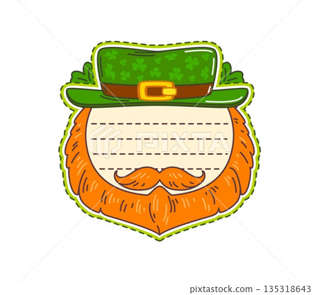 Saint Patricks day Irish holiday leprechaun face kids memo note. Irish celebration kids memo note, Saint Patrick holiday vector sticker or frame with leprechaun redhead beard and mustaches, green hat Saint Patricks day Irish holiday leprechaun face kids memo note. Irish celebration kids memo note, Saint Patrick holiday vector sticker or frame with leprechaun redhead beard and mustaches, green hat 135318643