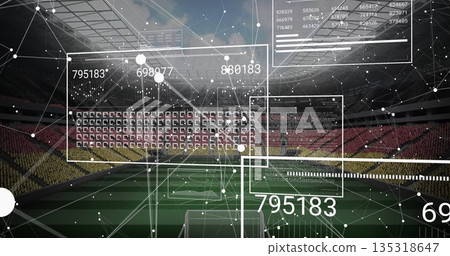 Displaying augmented reality data floating above pitch at soccer stadium, with goalposts and charts Displaying augmented reality data floating above pitch at soccer stadium, with goalposts and charts 135318647