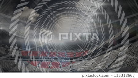 Showcasing arena interior under curved glass roof with swirling arrows overlay, with tiered seating 135318663