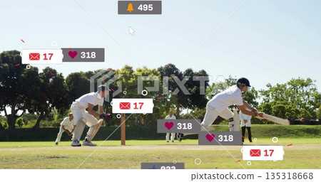 Batsman wearing white kit, black helmet swinging bat on pitch with notification icons, copy space Batsman wearing white kit, black helmet swinging bat on pitch with notification icons, copy space 135318668