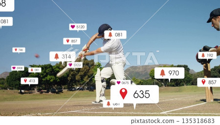 Cricket batter wearing helmet swinging bat on grass pitch with red ball, floating icons Cricket batter wearing helmet swinging bat on grass pitch with red ball, floating icons 135318683